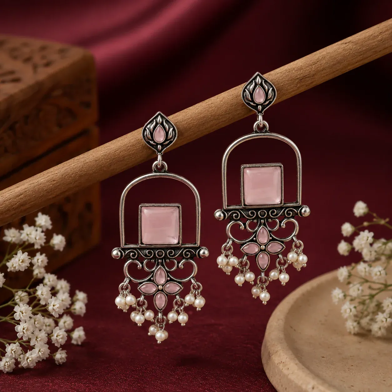 Elegant Pink Stone Oxidized Silver Pearl Drop Earrings for Women - Detailed Feature View 2