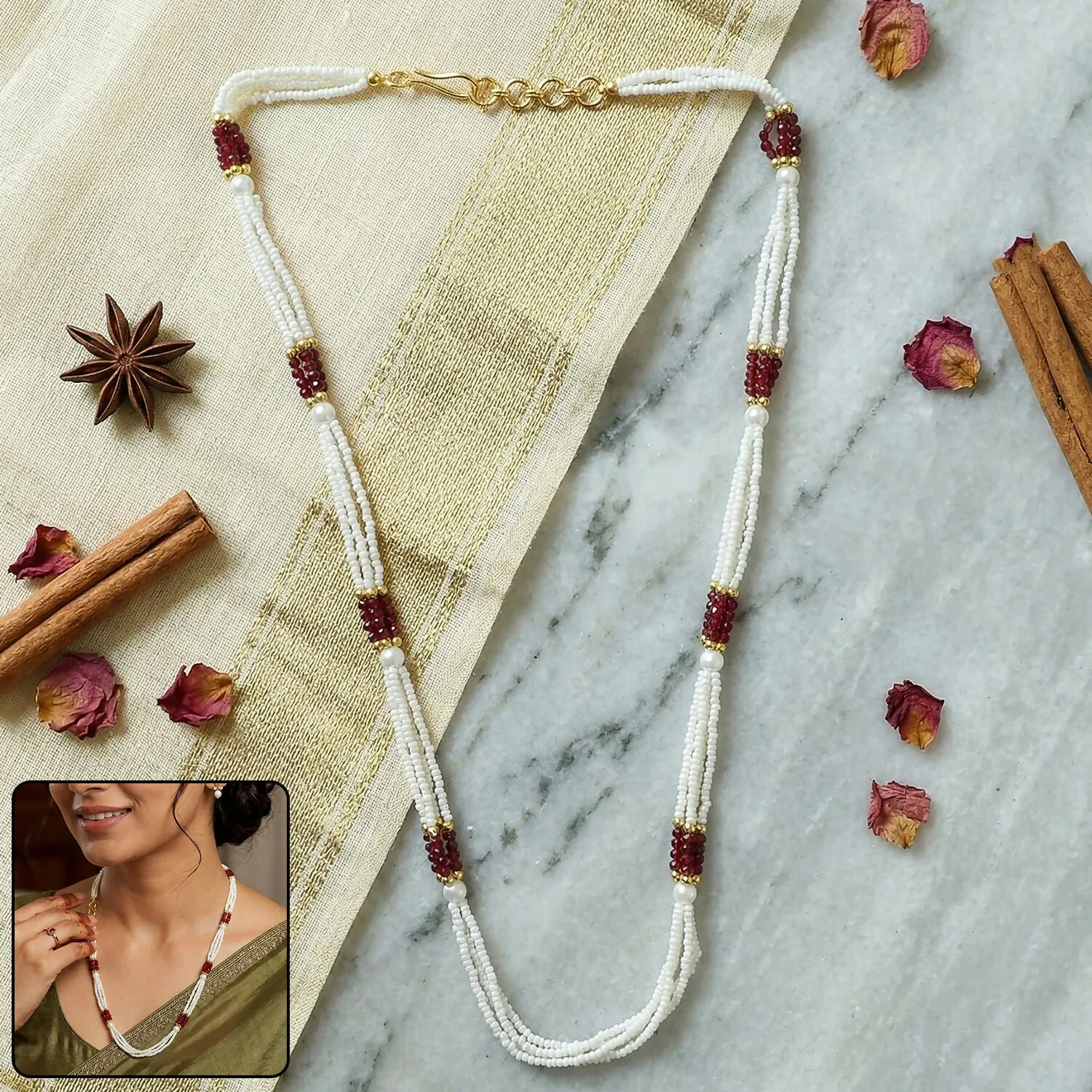 Premium Elegant Handmade Beaded Pearl Mala Necklace for Women - Buy Online at Alikart