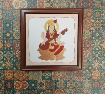 Goddess Saraswati Wooden Framed Wall Art | Handcrafted Hindu Religious Painting for Home, Office & Pooja Room | Premium Spiritual Decor