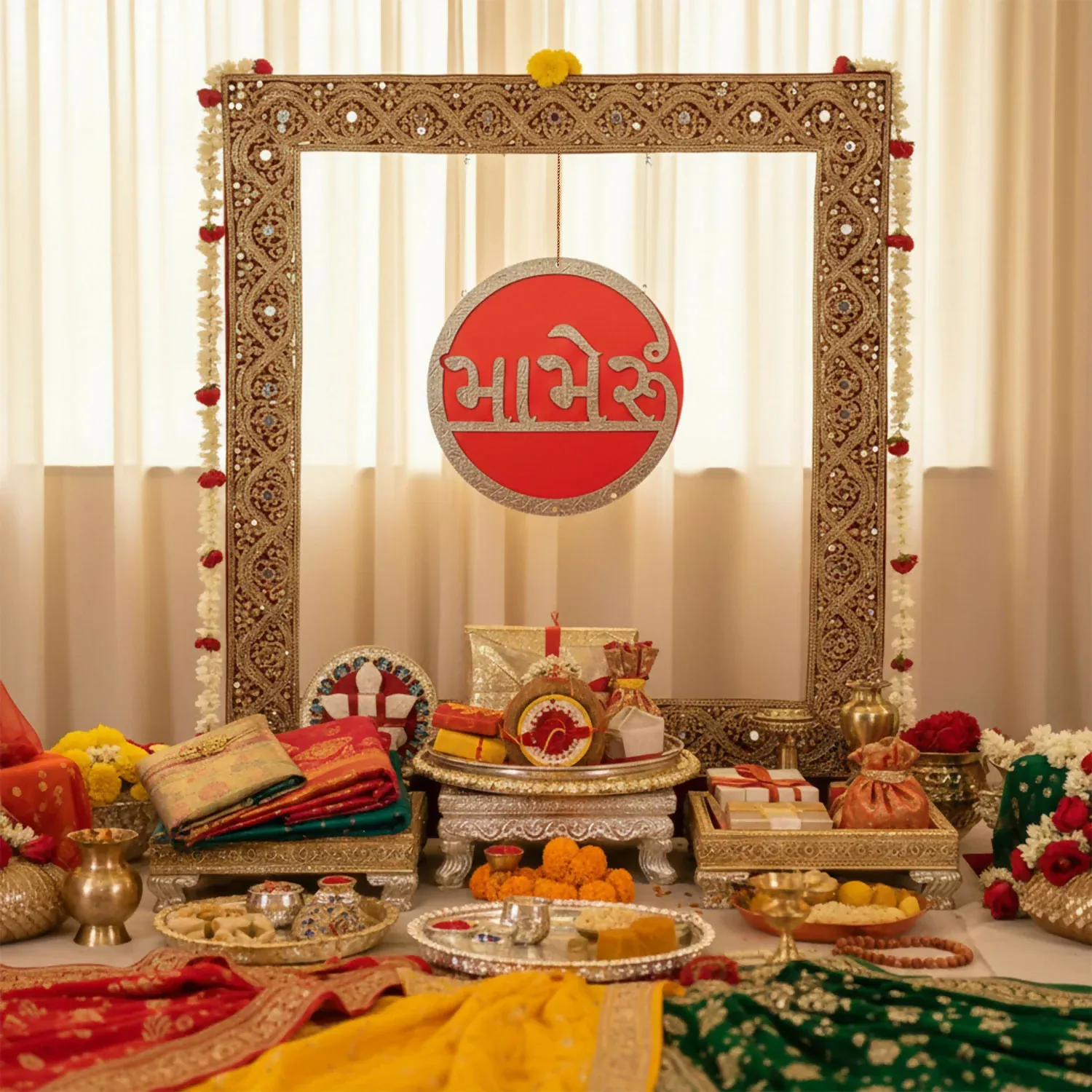 Mameru Ceremony Wall Hanging | Gujarati Wedding Red & Gold Decor - Detailed Feature View 1