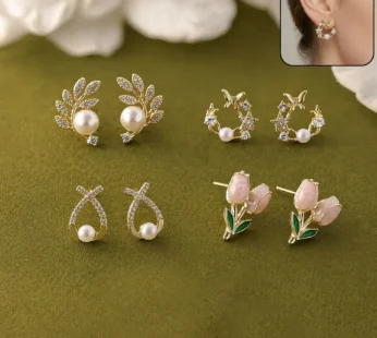 4 Pairs Korean Style Earrings Set for Women | Pearl, Stud & Zircon Combo