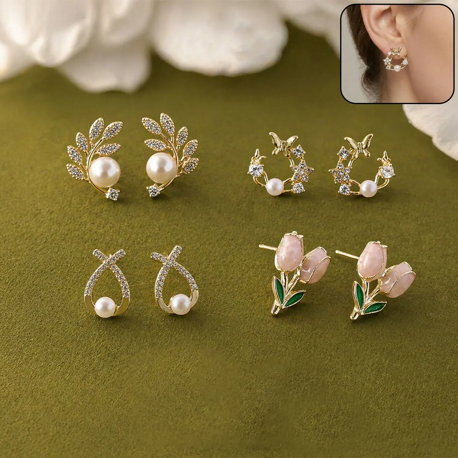 Premium 4 Pairs Korean Style Earrings Set for Women | Pearl, Stud & Zircon Combo - Buy Online at Alikart