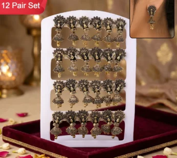 12 Pair Oxidised Floral Leaf Jhumka Earrings Set for Women