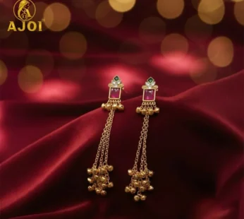 Pink Kashmiri Long Chain Ghungroo Earrings with Gold-Toned Chains