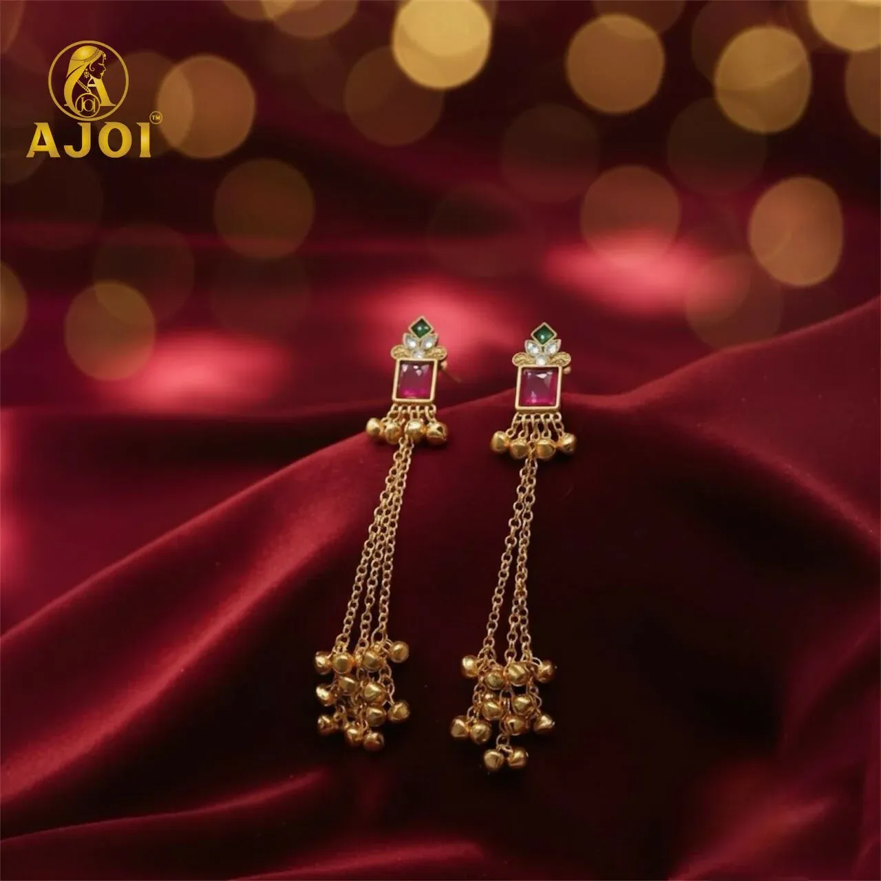 Premium Pink Kashmiri Long Chain Ghungroo Earrings with Gold-Toned Chains - Buy Online at Alikart