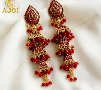 Traditional Gold Oxidised Long Triple Jhumka Earrings with Red Beaded Tassel Drops