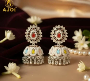 Royal Silver-Tone Kundan Jhumka Earrings with Multicolor Stone Inlay & Pearl Drop Detailing