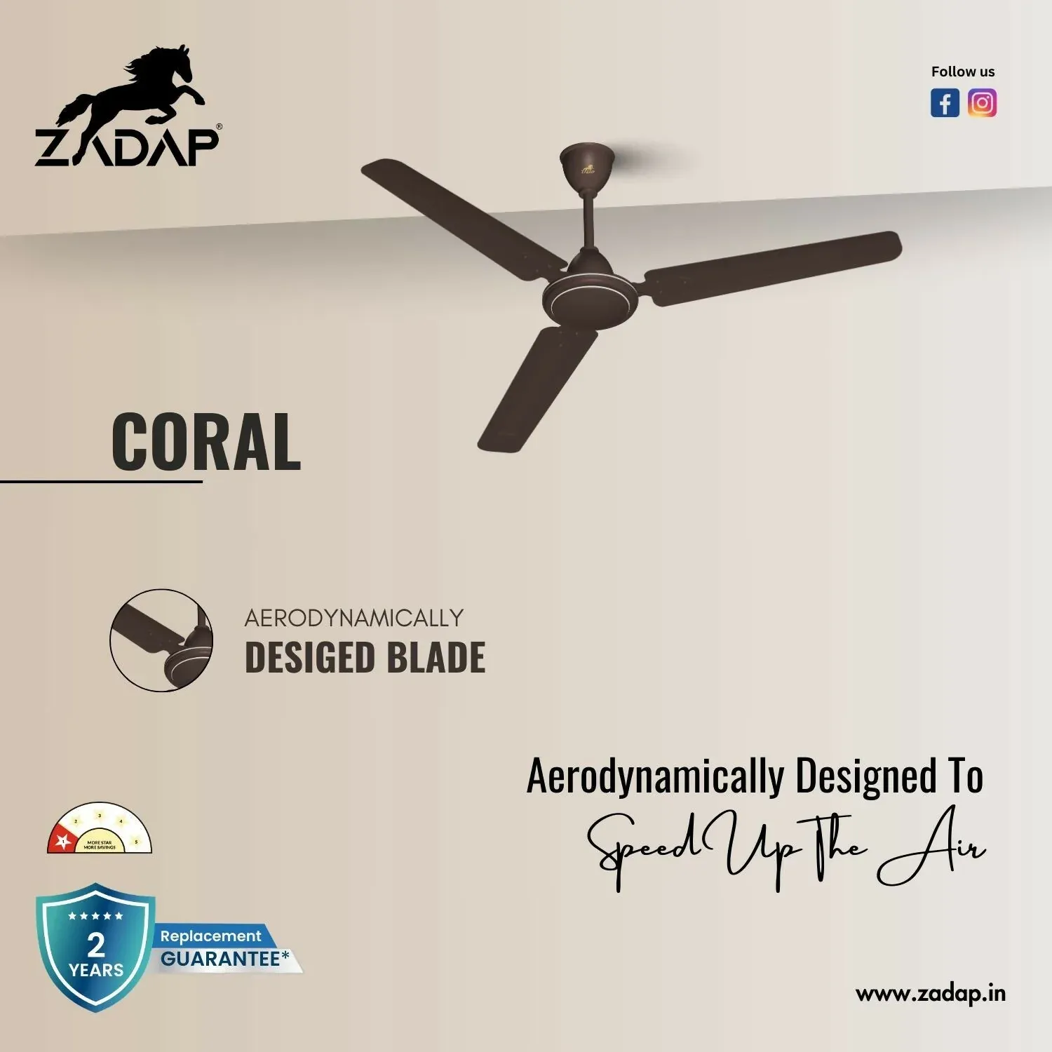 ZADAP Coral 1200mm 52W High Speed Silent Ceiling Fan - Smoke Brown - Detailed Feature View 4