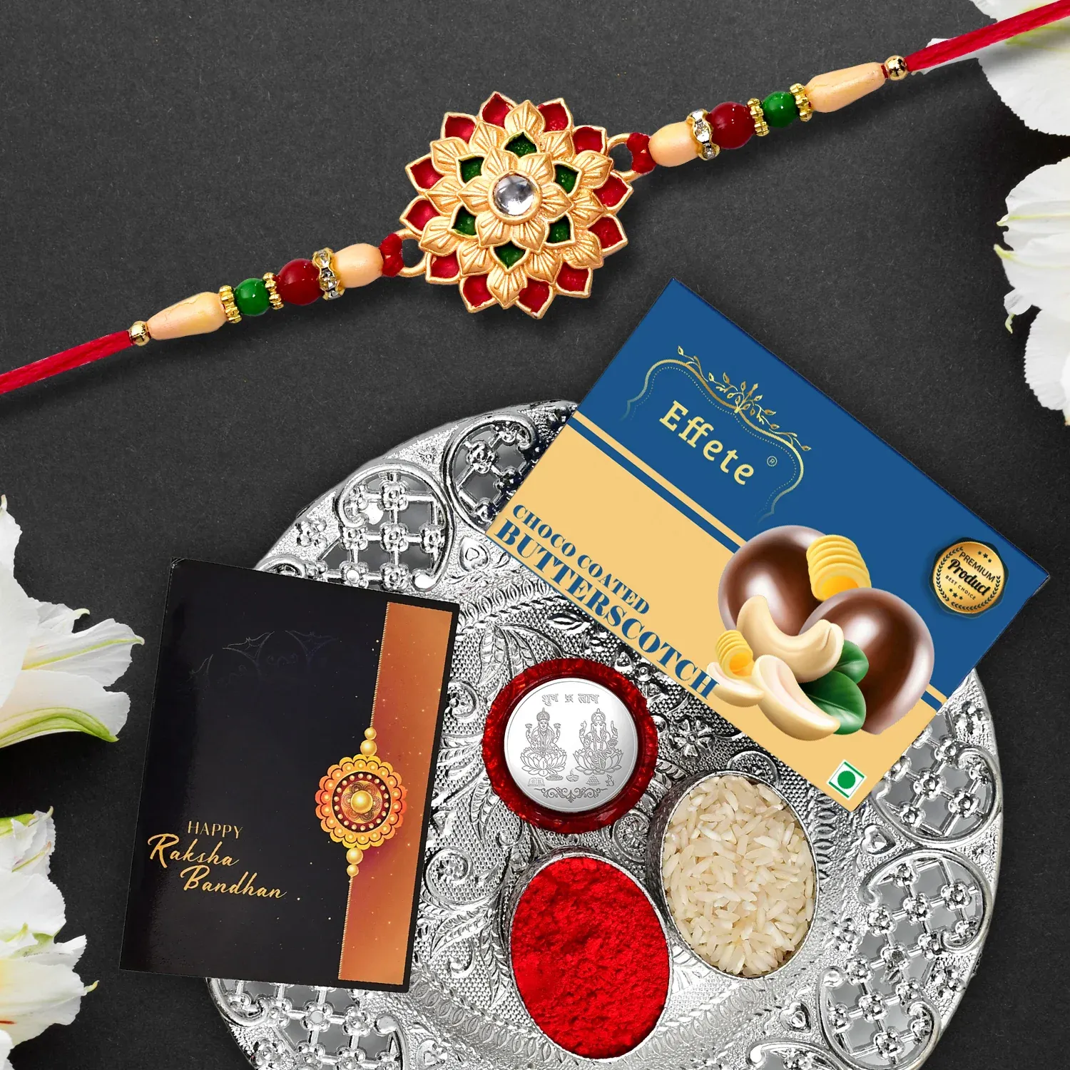 Premium Rakhi Gift Box – Complete Pooja Combo with Chocolate & Silver Coin - Buy Online at Alikart