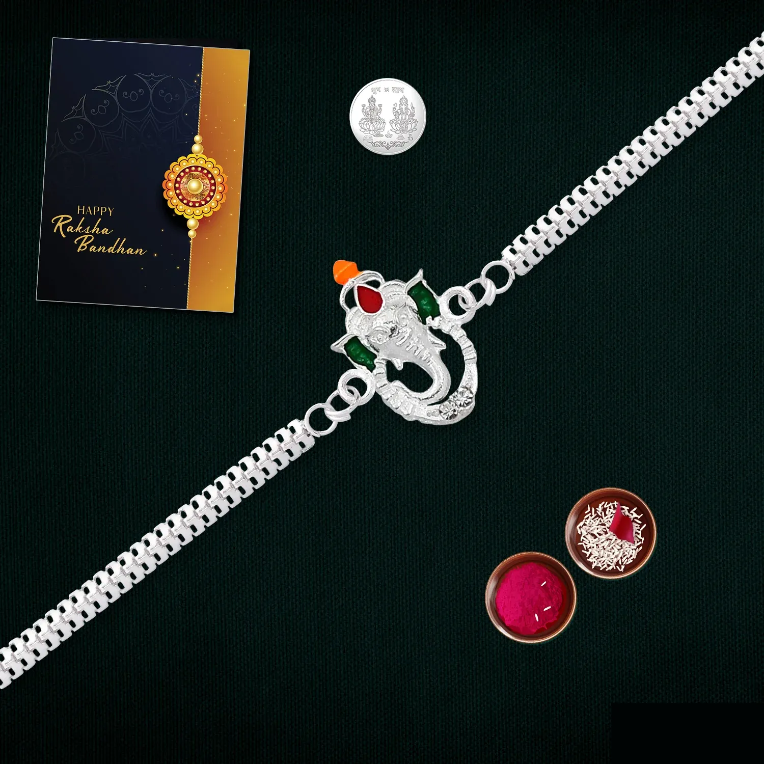 Premium Ganpati Rakhi Combo – Silver Bracelet with Traditional Tilak Set - Buy Online at Alikart