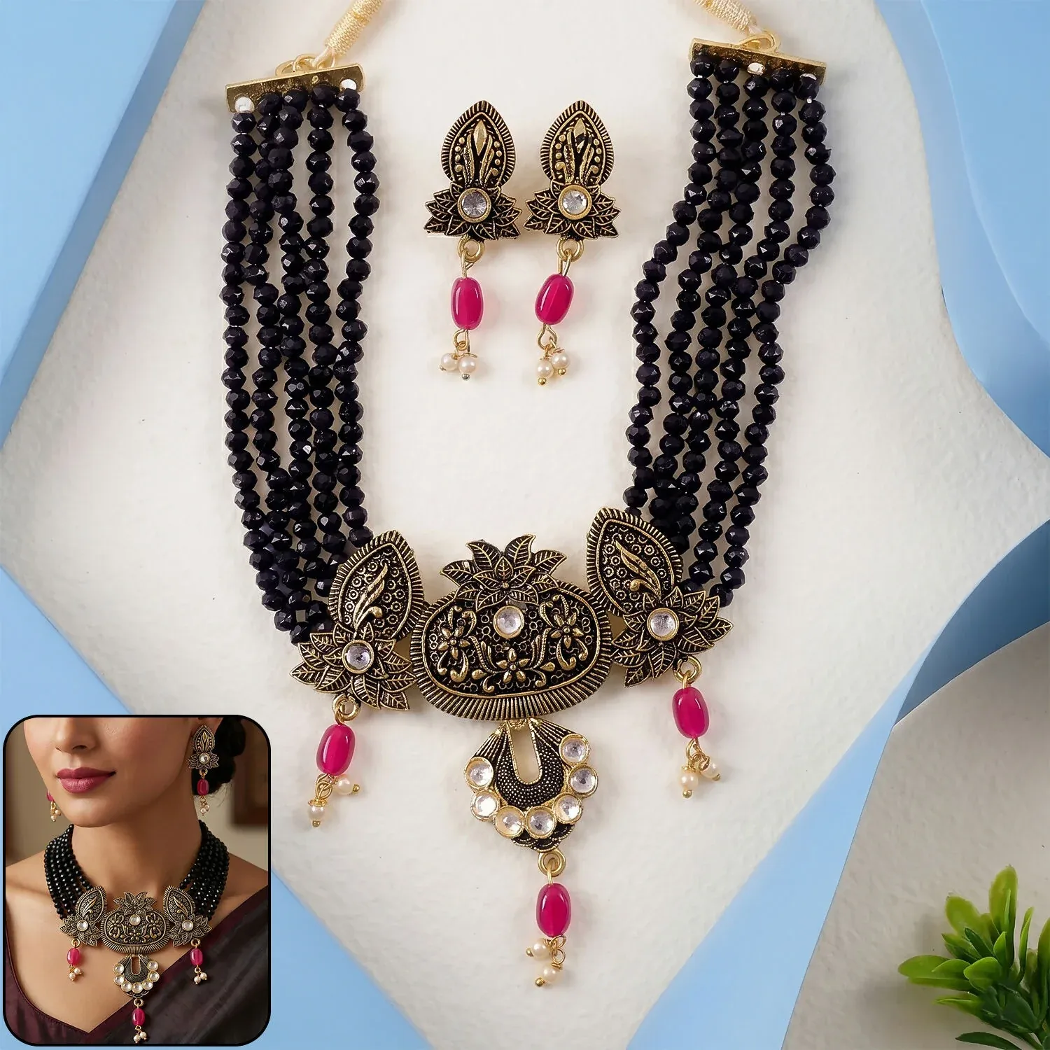 Premium Black Beaded Ethnic Necklace Set with Adjustable Thread and Earrings - Buy Online at Alikart