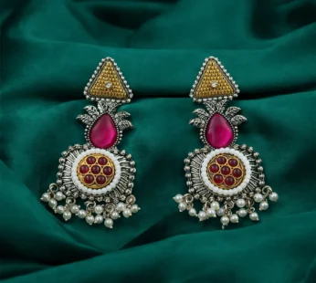 Traditional Oxidized Silver Earrings with Gold Tone Studs & Pearl Drop Fringe