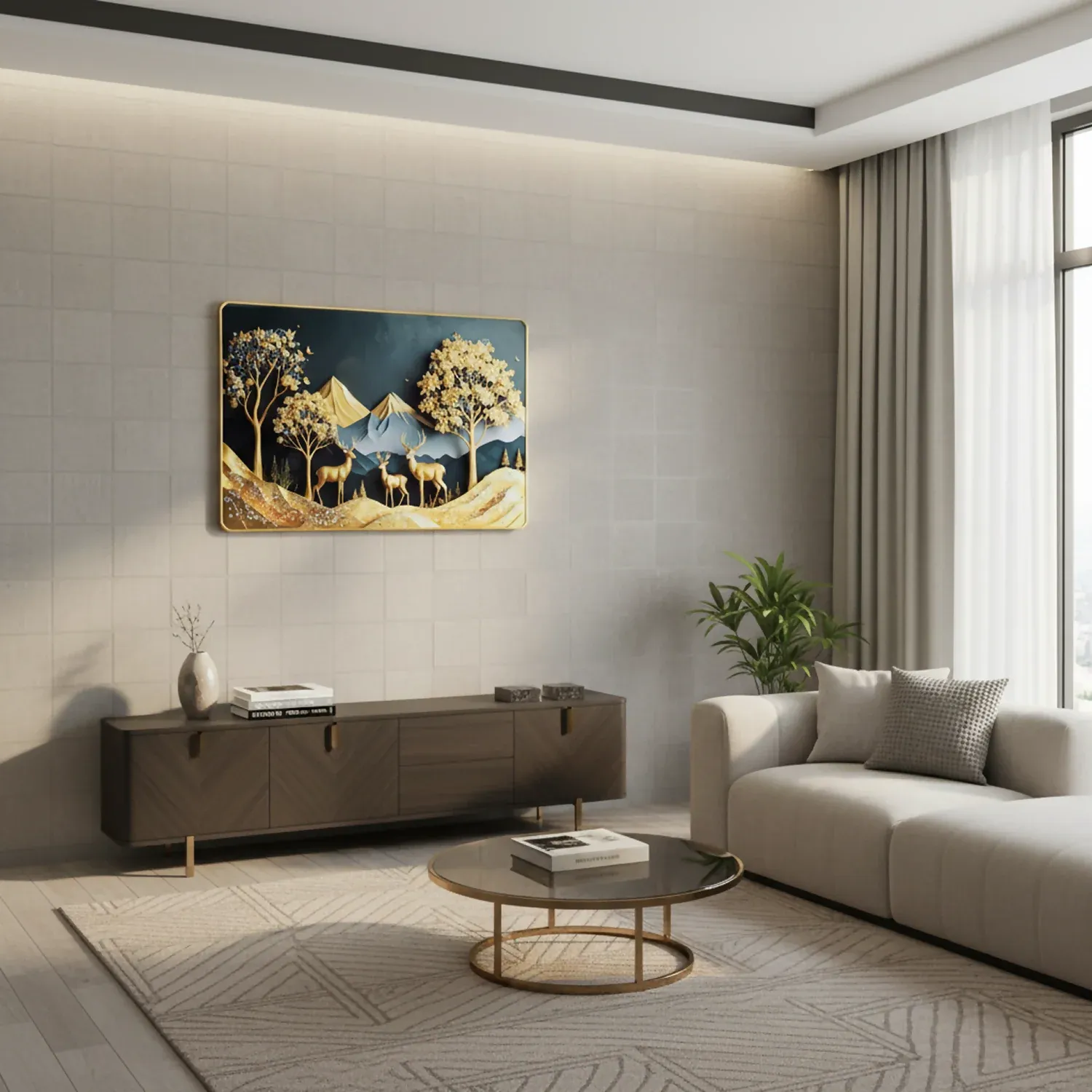 Luxury Golden Deer Wall Art – Elegant Mountain Landscape Decor - Detailed Feature View 3
