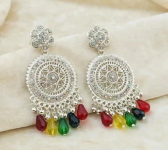 Silver-Tone Oxidized Bohemian Mandala Drop Earrings with Multi-Color Crystal Beads