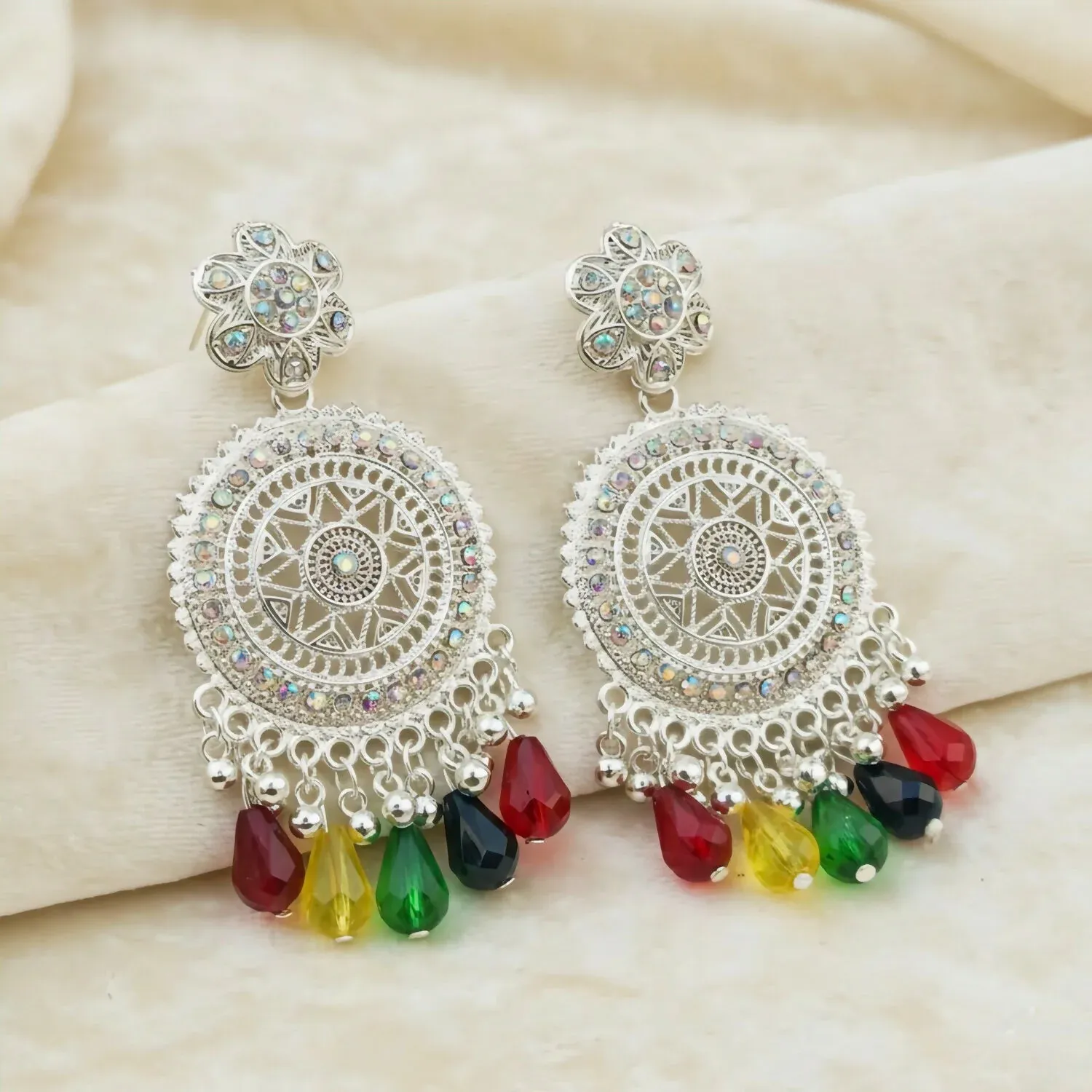 Premium Silver-Tone Oxidized Bohemian Mandala Drop Earrings with Multi-Color Crystal Beads - Buy Online at Alikart