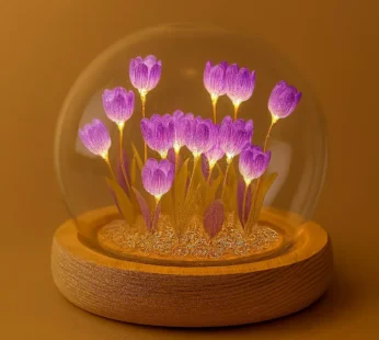 LED Purple Tulip Dome Lamp with Wooden Base for Home Decor