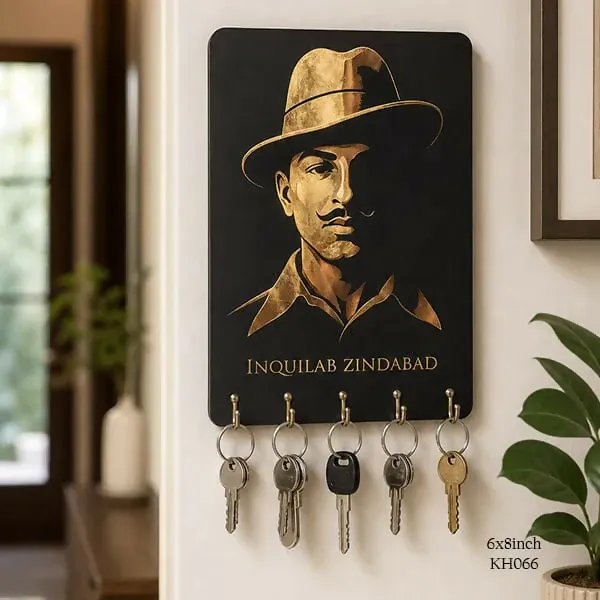 Bhagat Singh Wooden Key Holder – Patriotic Wall Organizer for Home & Office