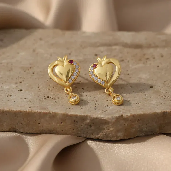 Heart Shaped Gold Finish Earrings With Crystal Border And Delicate Hanging Drop - Detailed Feature View 1