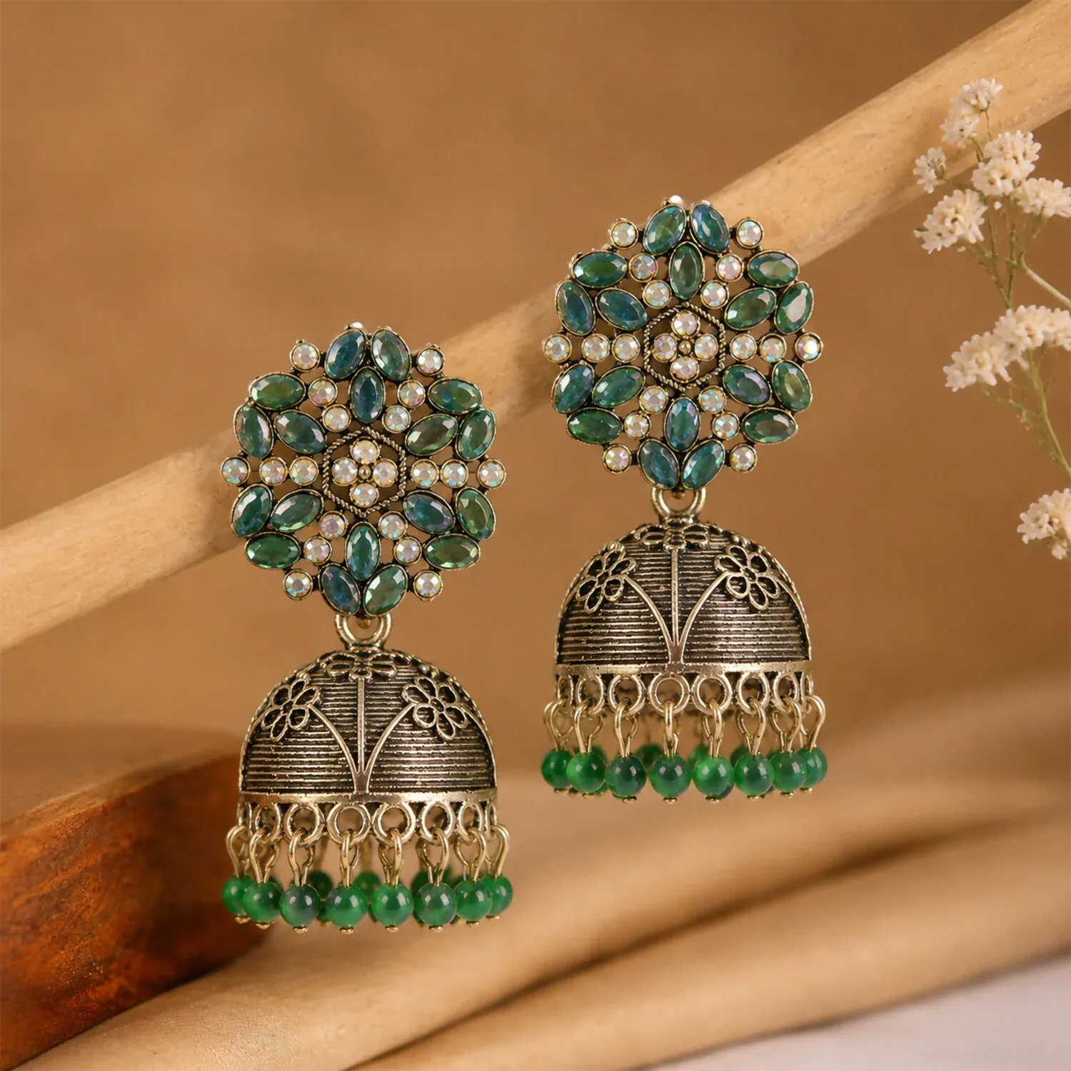 Antique Golden Jhumka Earrings with Green Stone Floral Top - Detailed Feature View 3