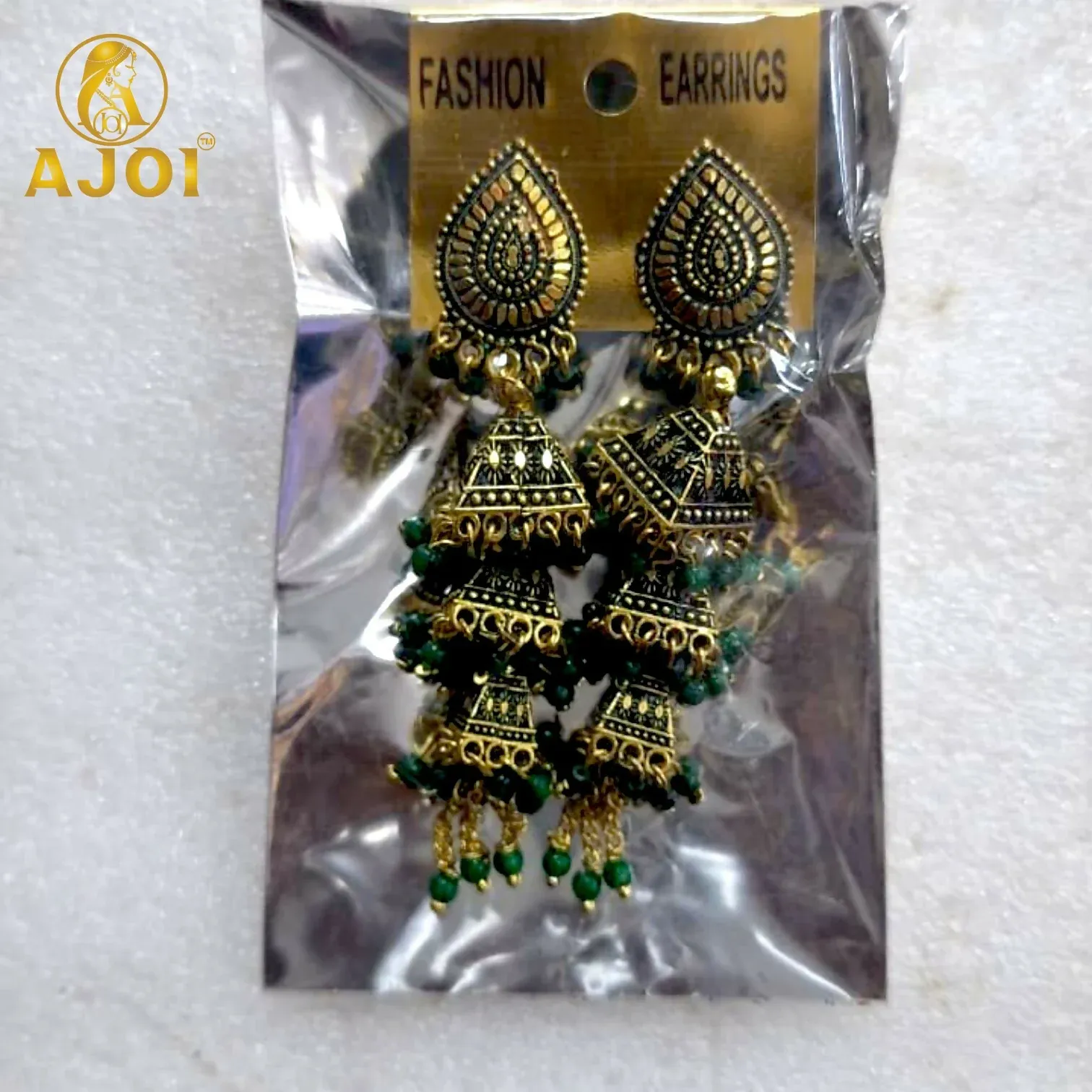 Antique Gold Oxidised Layered Triple Jhumka Earrings with Green Bead Tassel Drops - Detailed Feature View 5