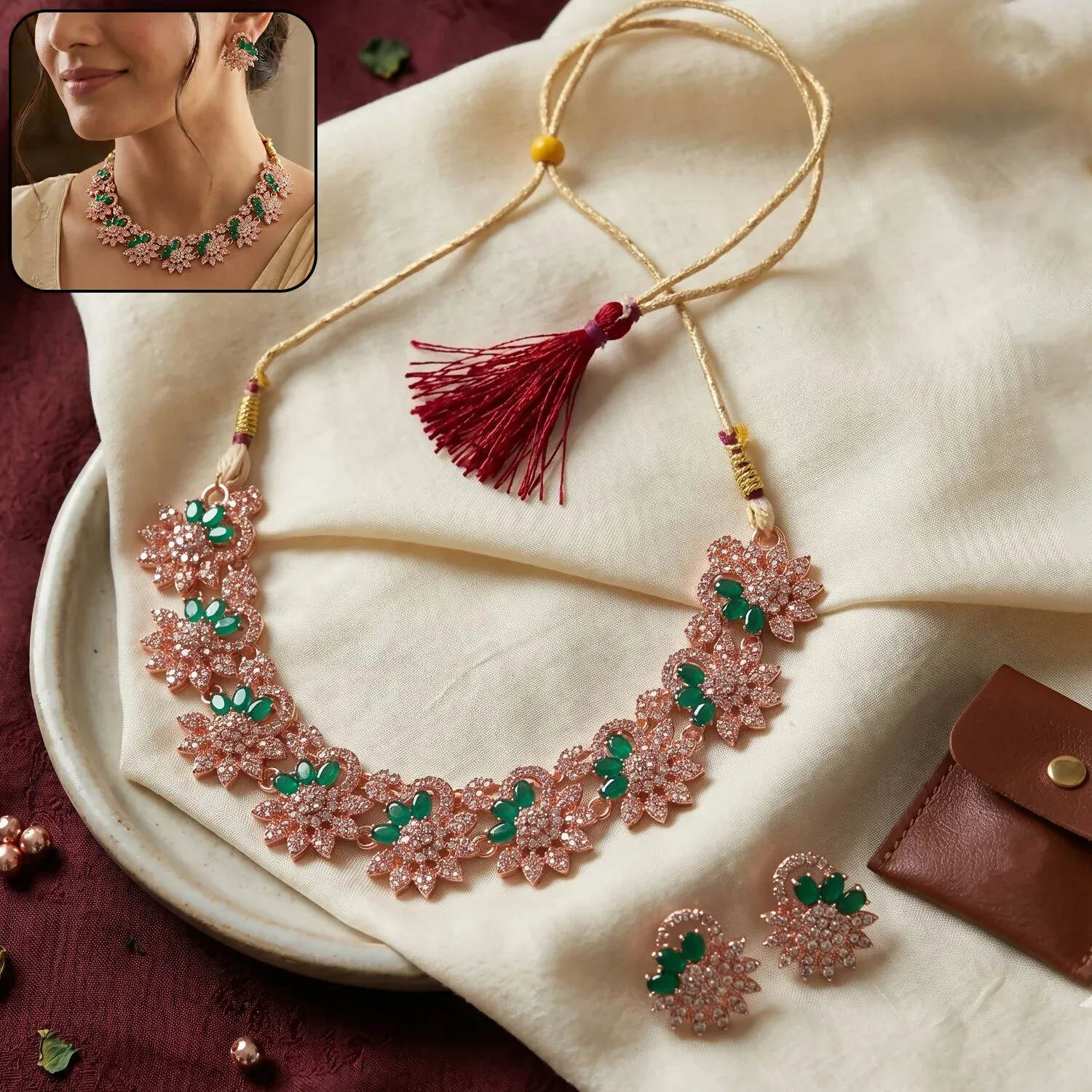 Premium Rose Gold Floral Necklace & Earrings Set with Green Stones - Buy Online at Alikart
