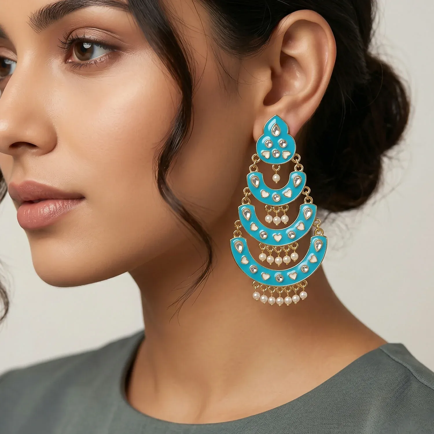Sky Blue Layered Chandbali Earrings with Pearl Hanging for Women - Detailed Feature View 2