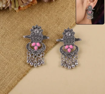 Antique Silver Tribal Dangle Earrings with Pink Enamel/Stone Accents for Women
