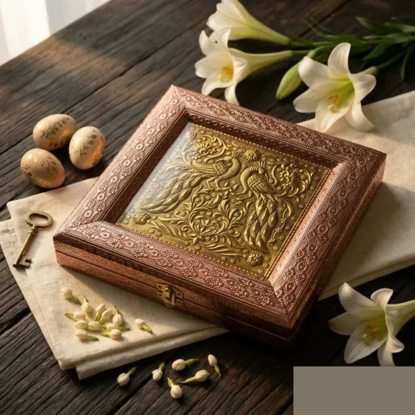 Antique Brass Peacock Embossed Square Dry Fruit Box 8×8 Inch