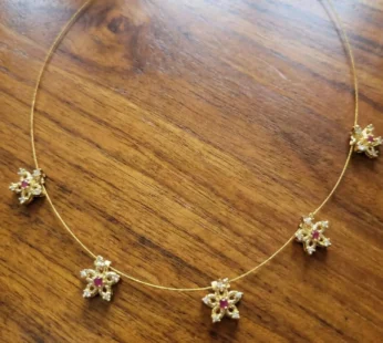 Minimalist Gold Chain Necklace with Floral Star Design & Red White Stones