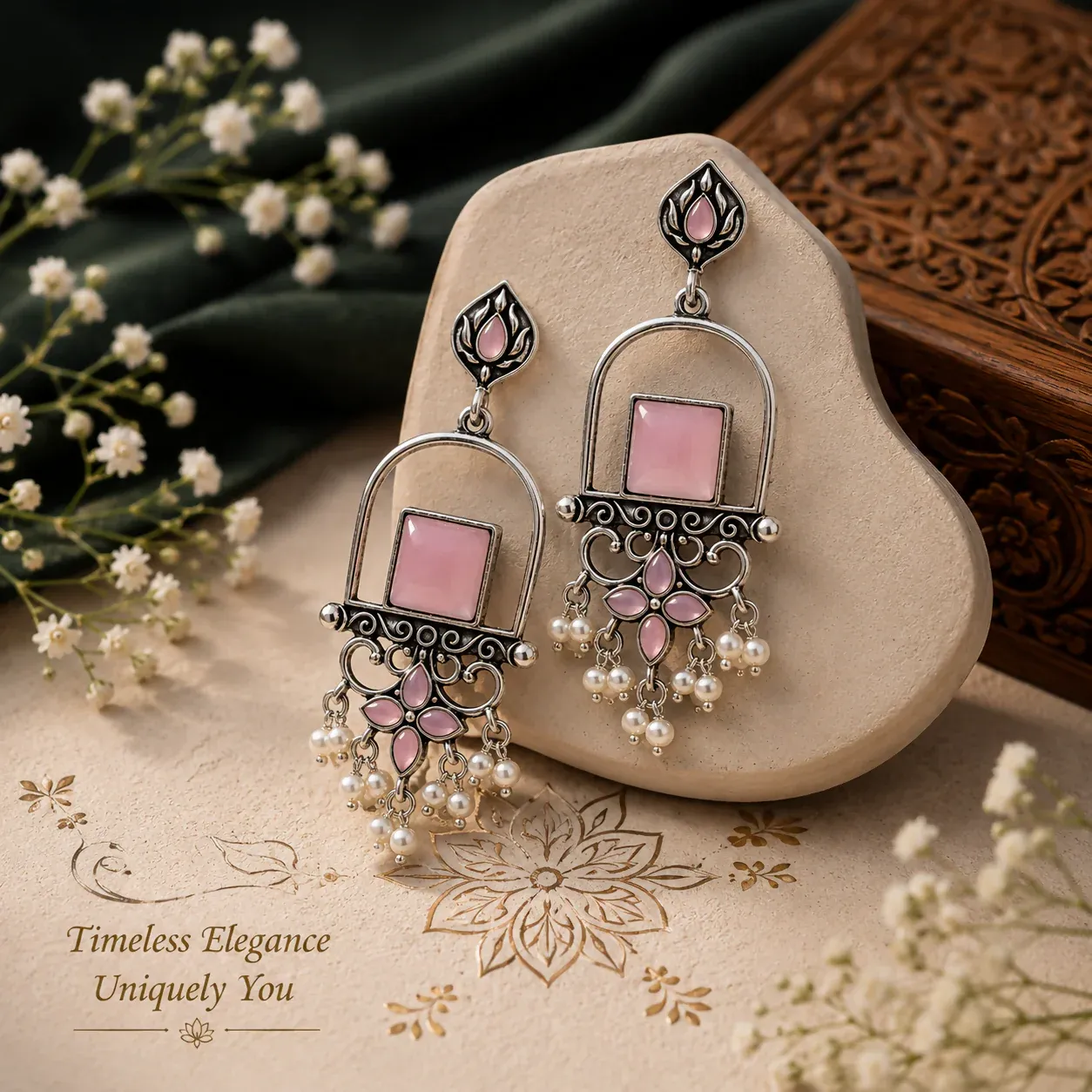 Elegant Pink Stone Oxidized Silver Pearl Drop Earrings for Women - Detailed Feature View 1