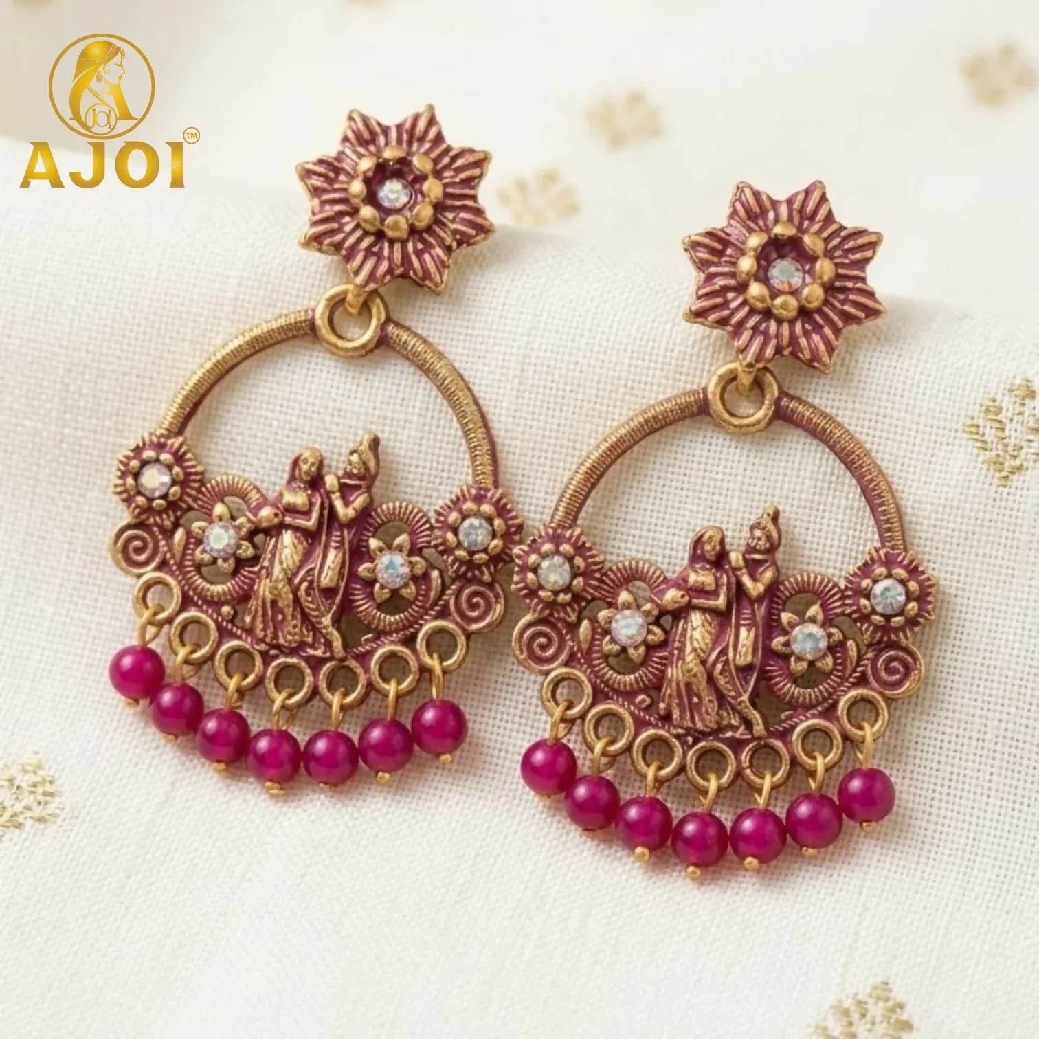Premium Antique Pink Radha Krishna Beaded Chandbali Ethnic Earrings for Women & Girls - Buy Online at Alikart