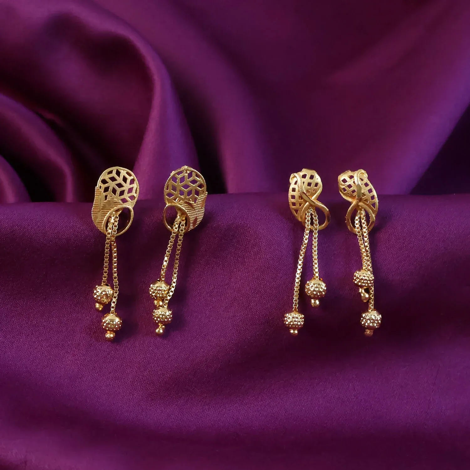 Premium Vintage Inspired Geometric Gold Drop Earrings with Triple Bead Chain Drops (2 Pair) - Buy Online at Alikart