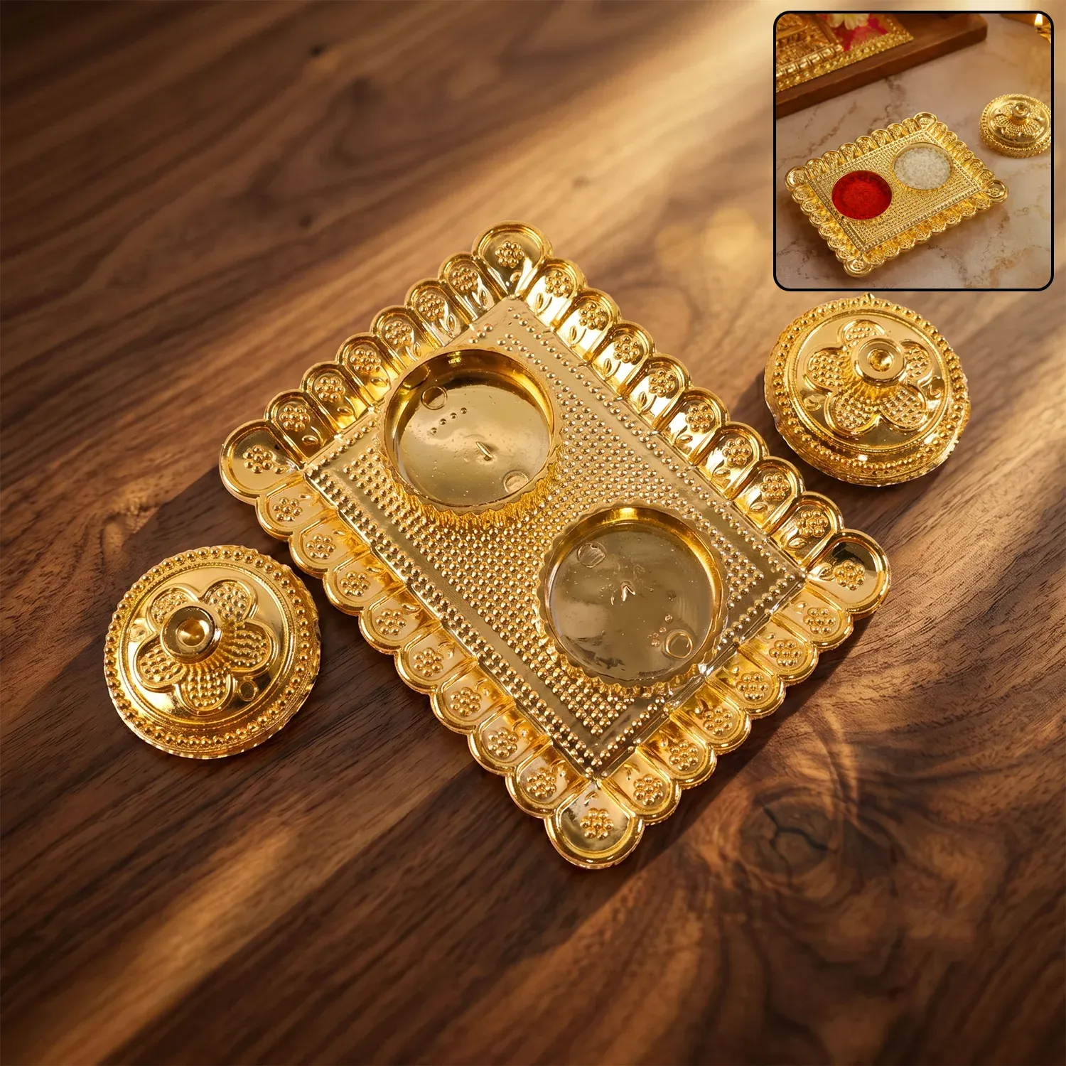 Premium Kumkum Holder – Elegant Golden Floral Pooja Accessories - Buy Online at Alikart