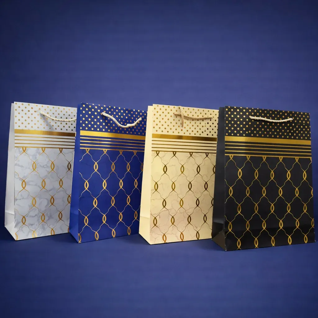 Elegant Blue & Gold Design Gift Paper Bag with Handle 1 Piece - Detailed Feature View 2
