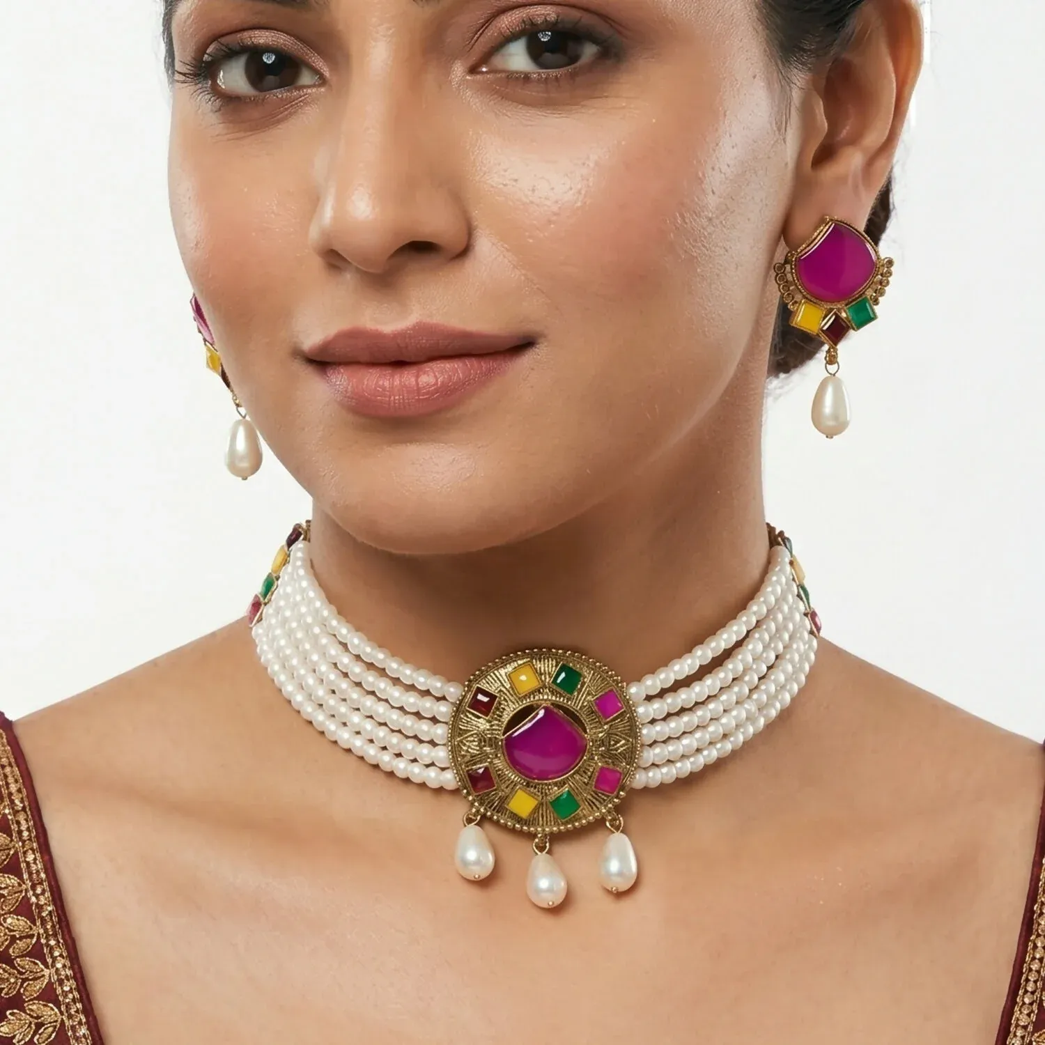 Traditional Pink Stone Pearl Choker Necklace Set with Earrings for Women Gift - Detailed Feature View 1