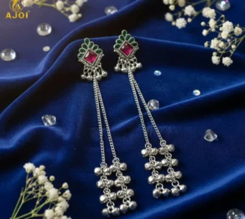 Kashmiri Style Silver Plated Long Chain Drop Earrings with Pink & Green Stones