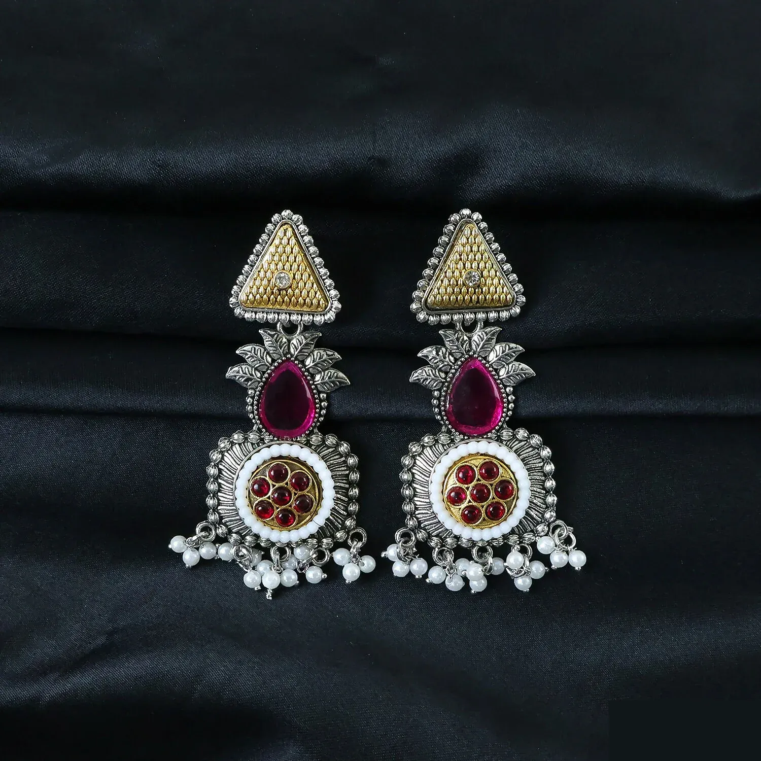 Traditional Oxidized Silver Earrings with Gold Tone Studs & Pearl Drop Fringe - Detailed Feature View 2