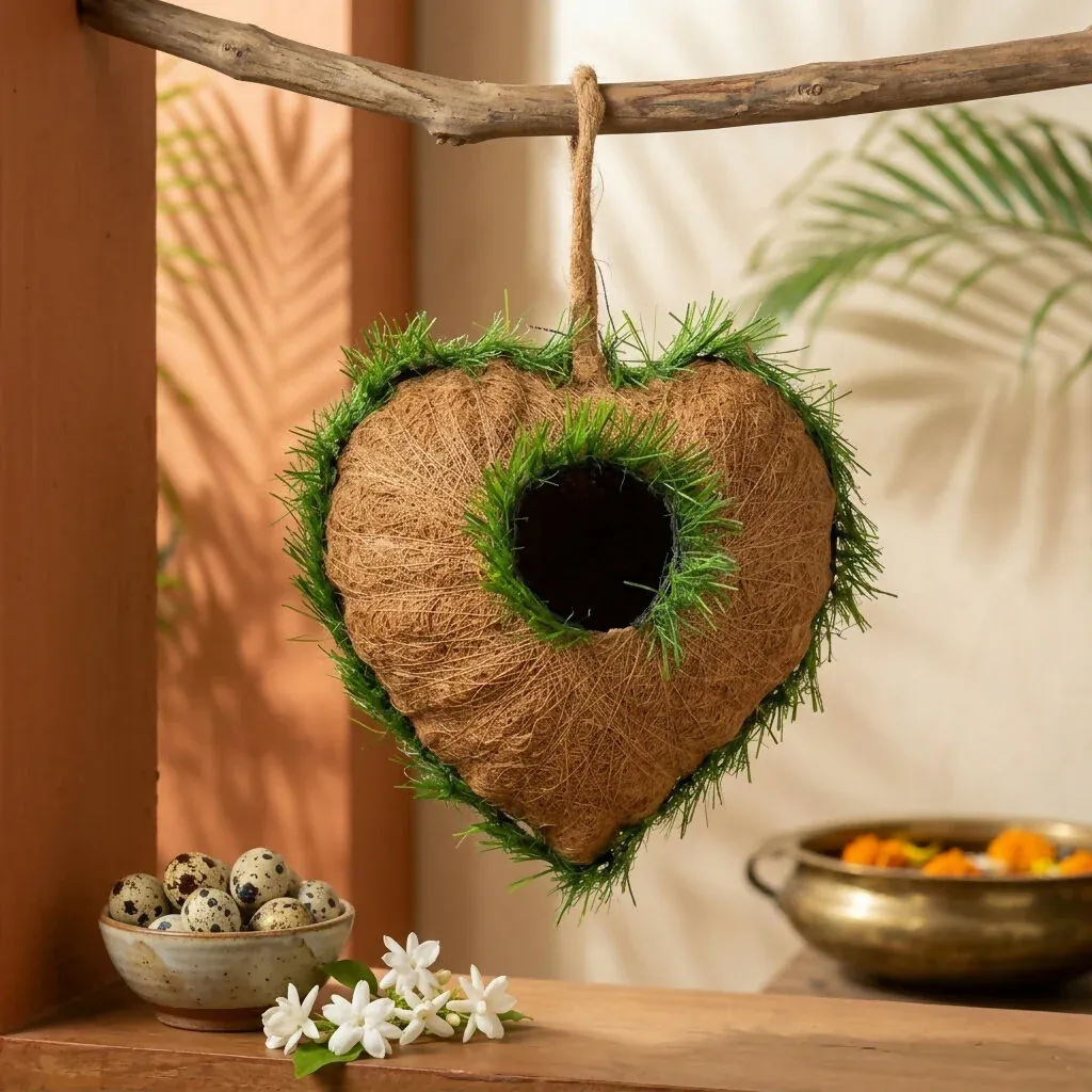 Heart-Shaped Natural Coir Hanging Bird House for Garden & Balcony - Detailed Feature View 2