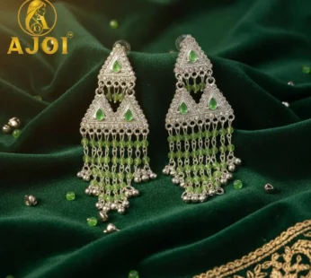 Royal Emerald Drop Silver Statement Earrings with Elegant Beaded Tassels