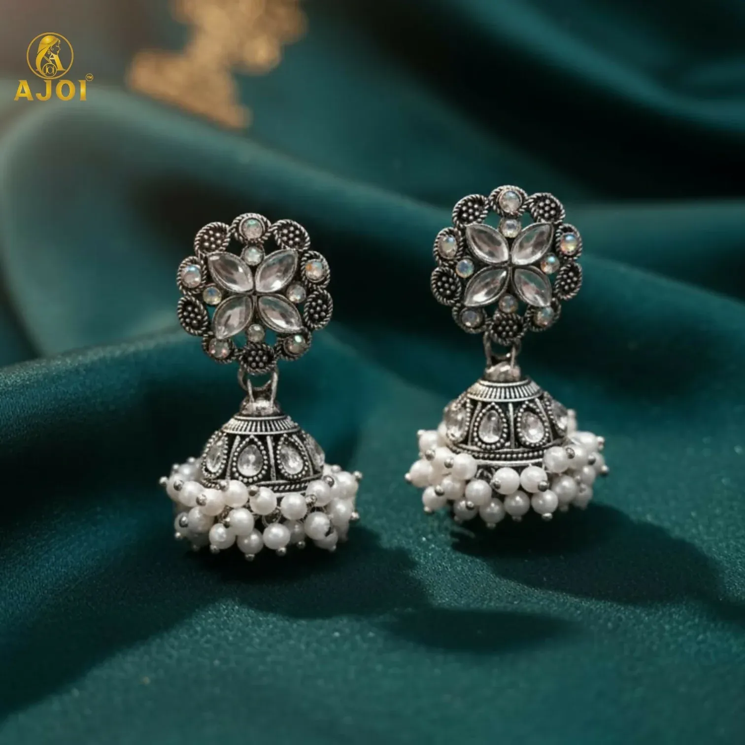Silver Oxidized Floral Jhumka Earrings with Pearl Drops - Detailed Feature View 2