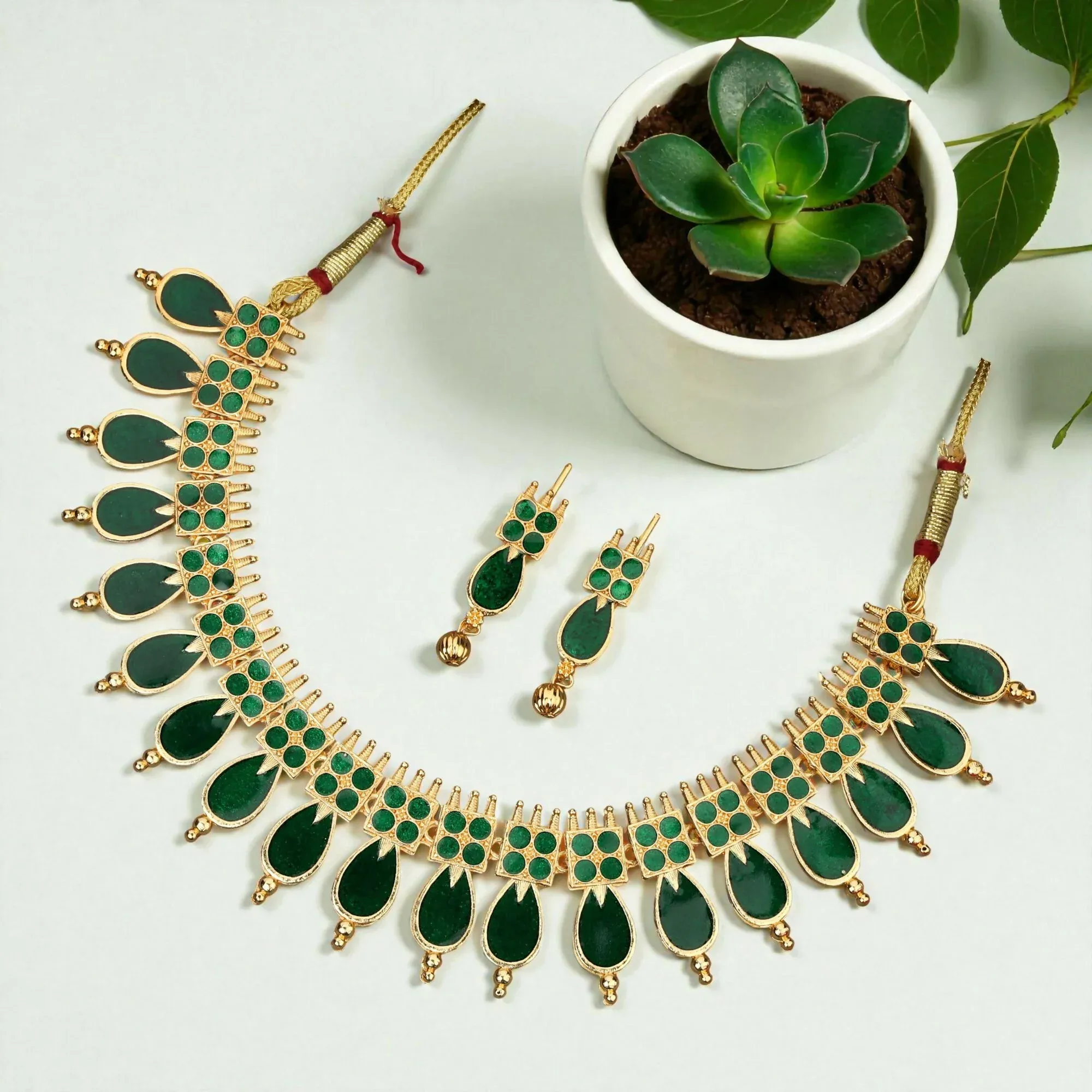Premium Rose Gold-Tone Bright Green Enamel Leaf Choker with Pearl Drops (Style A) - Buy Online at Alikart