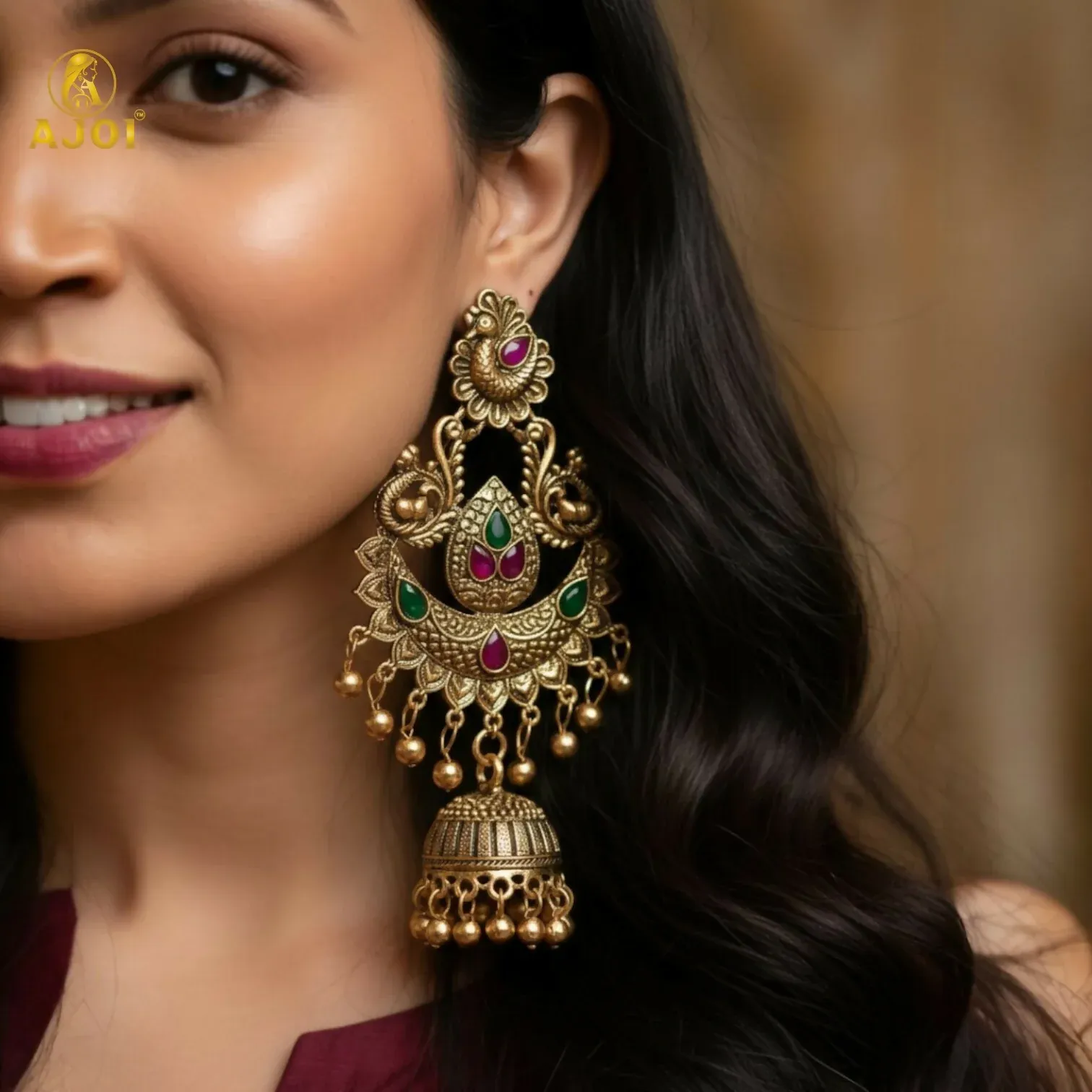 Gold Plated Peacock Jhumka Earrings with Green & Pink Stones - Detailed Feature View 1