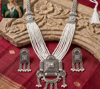 Antique Silver Beaded Necklace & Earrings Set for Traditional Celebrations