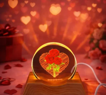 Rose Heart Acrylic LED Lamp with Wooden Base Romantic Gift Night Light