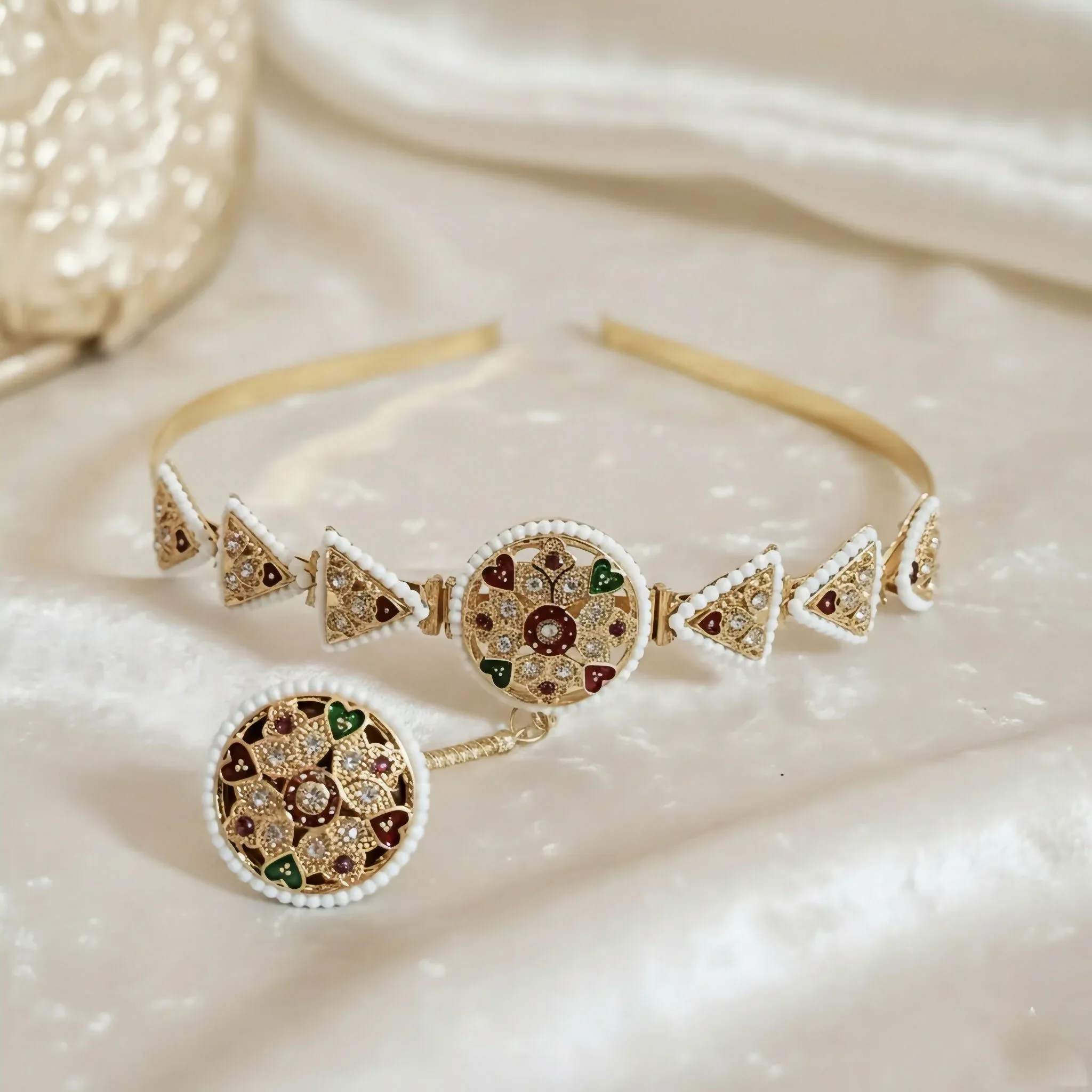 Gold-Plated Borla Sheeshphool with Matha Patti (hair band) - Detailed Feature View 2