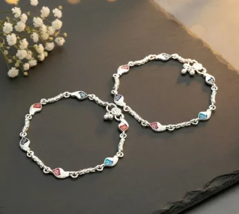 Intricate leaf/floral patterns featuring vibrant red, navy blue, and black enamel anklet ( payal )