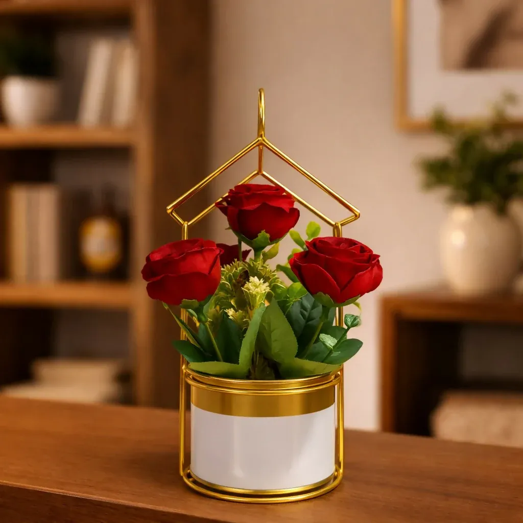 Gold Geometric Tabletop Planter with Decorative Pot - Detailed Feature View 1