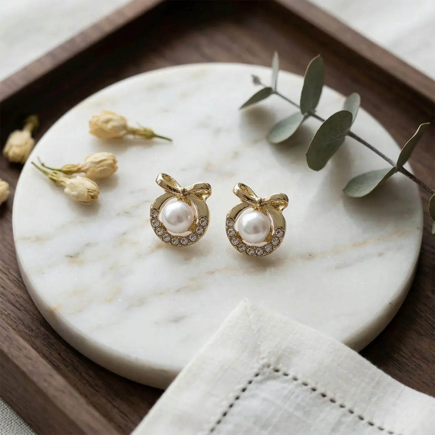 Korean Royal Bow-Knot Crystal Halo Pearl Studs For Girls And Women - Detailed Feature View 3