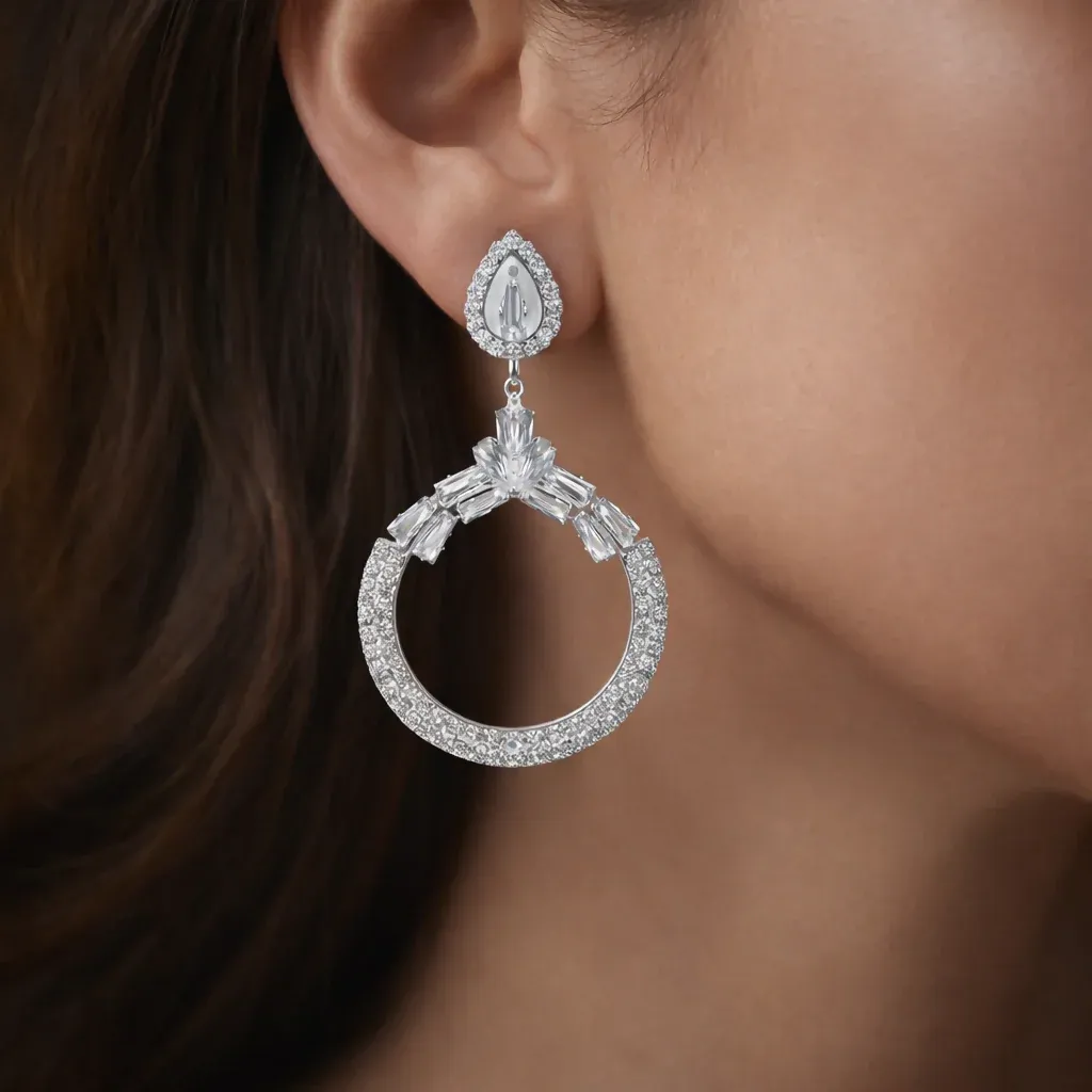 Beautiful Elegant Silver-Tone Chandbali Statement Earrings - Detailed Feature View 1