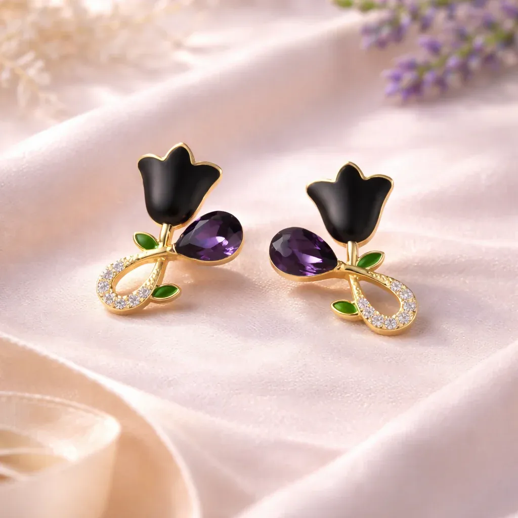 Elegant Black Floral Gold Plated Stud Earrings with Crystal Detail - Detailed Feature View 2
